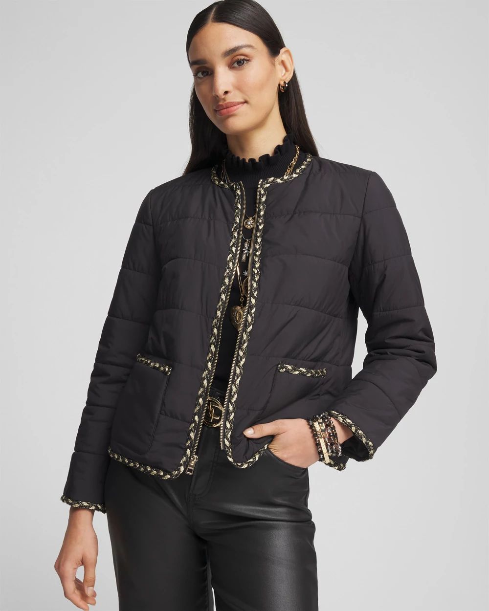 Tweed Trim Faux Nylon Jacket | Chico's